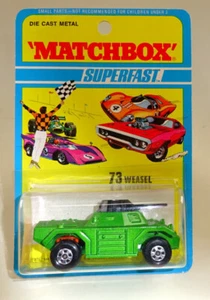 Matchbox Superfast Nr. 73B Weaselkomplett in  metallicgrün 1971 USA Blisterkarte - Picture 1 of 6