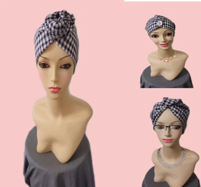 Pretty  Chemo Turban Cotton  Fun Turban  Soft Cap White/Dark Blue checkers - Image 1 of 4