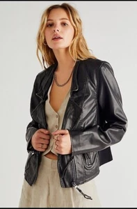 BNWT Free People Happy Attitude faux leather Vegan Biker Jacket - Black Size S - Picture 1 of 1