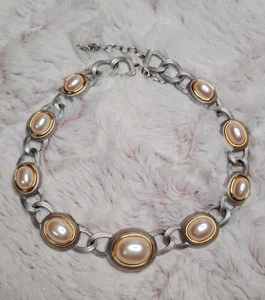 Vintage Monet Matte Silver Tone Gold Tone Accent Faux Pearl Collar Necklace - Picture 1 of 9