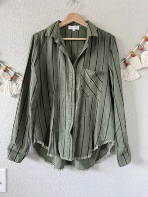 Camisa Bella Dahl Mezcla de Lino Cola Dobladillo Freír Botones Rayas Verde Top Costero S Foto 1 de 4