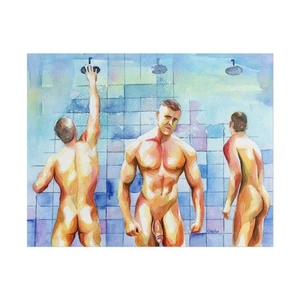 DRUCK Original Kunstwerk Aquarell Gemälde Gay Male Nude "Dusche 9" - Bild 1 von 13