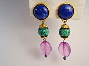 Pendientes colgantes vintage azul verde púrpura clip años 80 3" de largo - Imagen 1 de 15