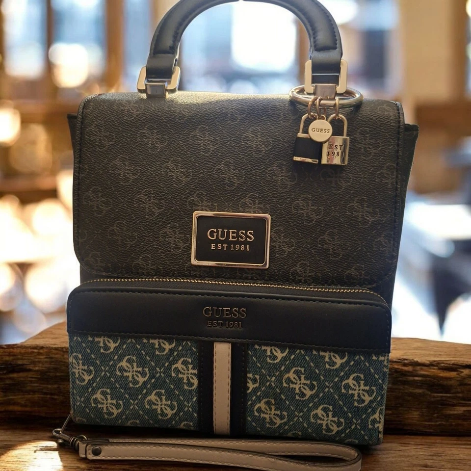 Guess Satchel Handbag With Long Strap And Guess Denim Large Around Zipper Wallet - image 1 of 4