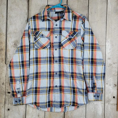 Split Mens Flannel Shirt Small Plaid Button Front Long Sleeve Gray Orange Yellow - Image 1 of 4