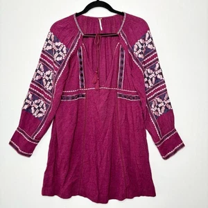 Free People Size XS Deep V Boho Mini Dress Embroidered Balloon Sleeve Tassel - Picture 1 of 11