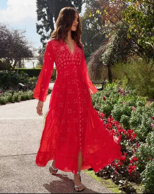 $448 NWOT JOHNNY WAS Embroidery Floral Beesley Maxi Dress Size XS Red - Image 1 of 4