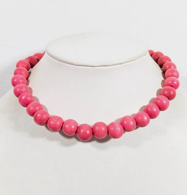 Beachy Boho Pink Wood Round Bead Chunky Statement Necklace 16 in - Image 1 of 4