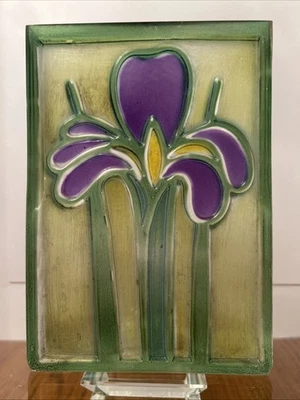 Jarrón rectangular vintage 1985 FTD Rumania vitral púrpura iris 7"x 5" Foto 1 de 4