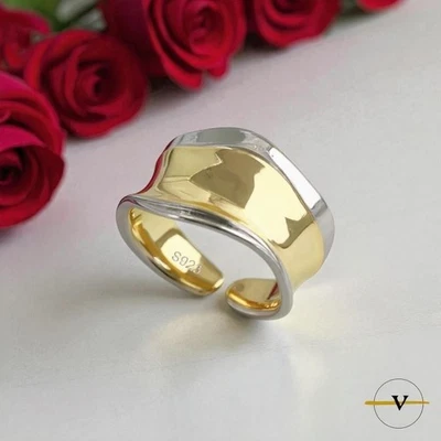 ANELLO DONNA ARGENTO 925 TWO TONE COLORE ORO E ARGENTO REGOLABILE RAGAZZA - Immagine 1 di 4