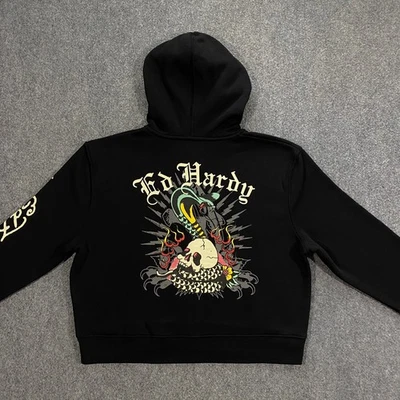Ed Hardy Calavera Serpiente Tatuaje Cremallera Completa Recortada Sudadera con Capucha para Mujer XL Negro Cobra Foto 1 de 4