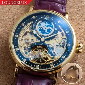 Herren Gold Dual Time Schwungrad Automatik Mechanische Uhr Schwarz Lila Leder - Bild 1 von 12