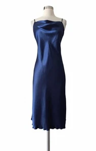 BEBE Dress Satin Cowl Neck Slip Midi Navy Blue Adjustable Strap SMALL - Picture 1 of 10