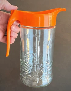 Vintage 1970’s GLASS Juice Decanter .75 Litre Carafe w/ Orange Flap Lid - German - Picture 1 of 16