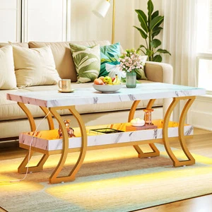White Coffee Table Modern for Living Room with Storage 2-Tier Wood Center Table - Picture 1 of 8
