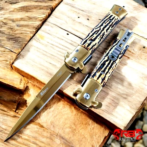 9" Tactical Gold STAG Handle Spring Assisted Open Blade Folding Pocket Knife - Picture 1 of 5