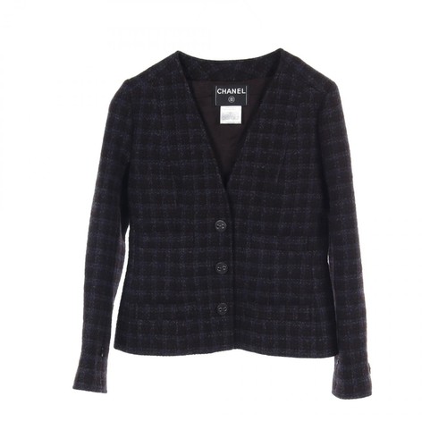 Giacca CHANEL senza colletto #40 P19963 lana marrone navy usata