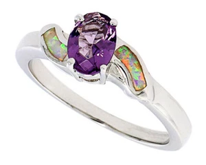 Fine Women Silver Rhodium Plated Opal Inlay Ring Oval Shape Violet Purple CZ 9mm - Picture 1 of 1