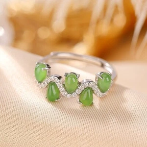 I02 Anello Onda Con Gocce D'Acqua Di Verde Giada Argento 925 Misura Regolabile - Foto 1 di 3