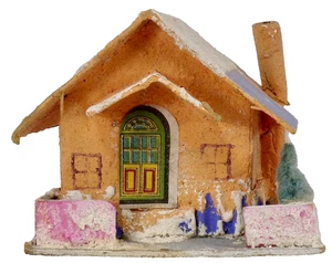 Christmas Putz House Orange Blue Roof Glitter Bottle Brush Tree Japan #41 - Picture 1 of 7