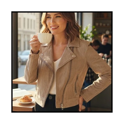 BLANKNYC Gamuza Cuero Moto Crop Motociclista Chaqueta Arena Taupe Cremallera Mujeres S Baddie Foto 1 de 4