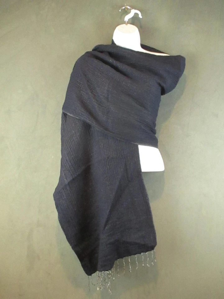 Eileen Fisher Scarf Wrap Shawl Womens One Size Navy Wool Linen Fringe Textured - Image 1 of 4