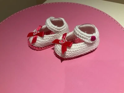 Hand Knitted Mary Jane Shoes In White And Cerise,with Cerise Bows And Hearts - Image 1 of 4