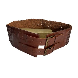Next Belt Womens Size Small Tan Brown Wide Woven Leather Boho Double Buckle Y2K - Picture 1 of 9
