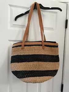 Market Jute Tote Bag Black Zipper Leather Straps Striped Brown - Picture 1 of 5