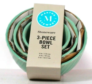 Martha Stewart Stoneware Mint Green 3 Piece Bowl Set Dishwasher & Microwave Safe - Picture 1 of 1