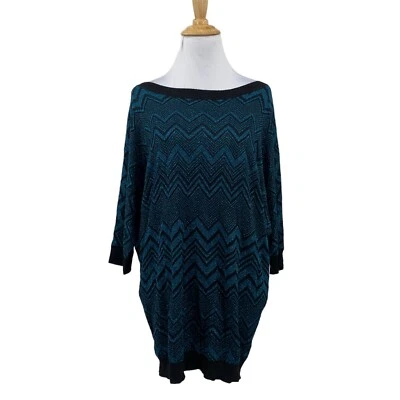 Suéter Express Mujer L Azul Negro Chevron Tejido Cuello Barco Manga Dolman Pullover Foto 1 de 4