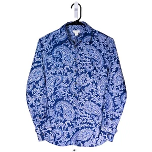 J Crew Womens Blouse Blue White Paisley Half Button Shirt Long Sleeve Preppy XXS - Picture 1 of 8