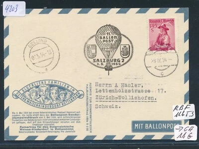 4203) Österreich Ballonpost RBF 11 Salzburg 3.5.54, BP-Kte Veilchen in d.Schweiz - Bild 1 von 2