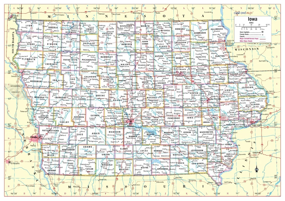 Iowa State Wall Map Large Print Poster - Paper 34"x24" - Image 1 of 1