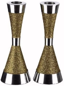 Art Judaica Glitter Finish Aluminum Candlesticks Gold 7"Tall - Picture 1 of 2
