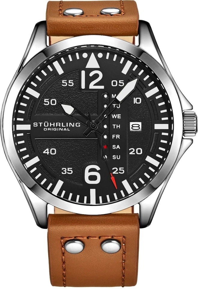 Stührling Aviator 44mm Stainless Steel Case, Genuine Brown Leather Strap, Men's Watch - (3916)
