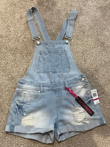 DOLLHOUSE women's NWT sz 3 shorty short light wash distressed denim overalls - Picture 1 of 12
