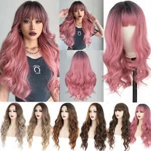 Long Pink Ombre Wigs with Bangs Wavy Synthetic Wig for Women Daily Party Cosplay - Picture 1 of 84