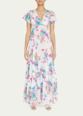 LoveShackFancy Womens Floral Printed Cotton Vinnie Ruffle Midi Maxi Gown Dress S - Image 1 of 4