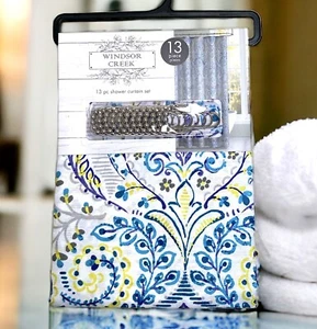 New Windsor Creek Shower Curtain Blue Teal Yellow Purple Floral with Hooks NEW - Picture 1 of 1