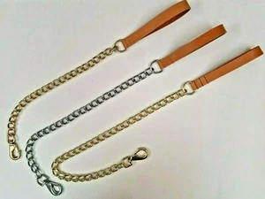 TWO Lengths Gold or Silver Chain Dog Lead Heavy Duty Leather Handle Strong Leash - Picture 1 of 5