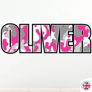 PERSONALISED CUSTOM NAME Wall Decal Sticker Vinyl PINK CAMO ARMY PRINT - Picture 1 of 8