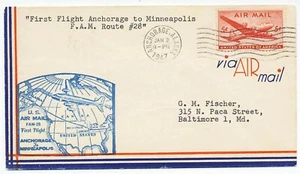 USA 1947 First Flight Cover FAM 28 Anchorage AK to Minneapolis MN F28-7 Cachet - Bild 1 von 2