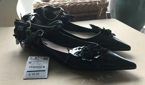 Zara Leder Ballerinas mit Blumen und Riemchen schwarz Gr.40 neu mit Etikett - Bild 1 von 7