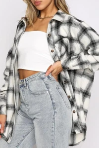 New Women's XL White & Black Plaid Button Down Long Sleeve Flannel Shirt - Picture 1 of 4