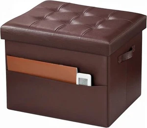 Leather storage ottoman footrest bench, folding lid, 17x13x13 in, brown - Picture 1 of 8