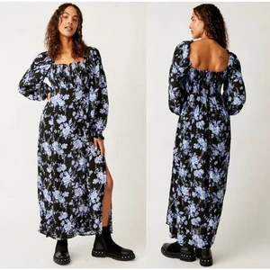 Free People Jaymes Midikleid schwarz blau geblümt Gr. Medium romantisch Grunge - Bild 1 von 9