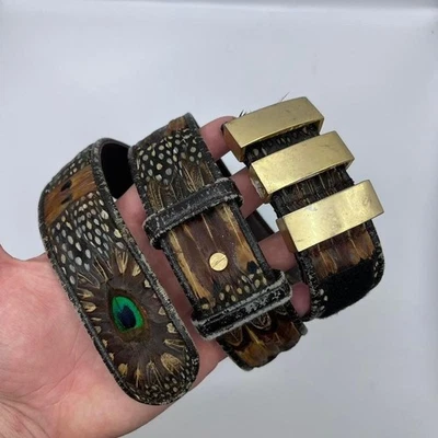 Vintage Geniuine Peacock Feather and Leather Brown and Gold Western Belt - Image 1 of 4