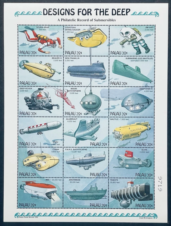 PALAU DESIGNS FOR THE DEEP SUBMERSIBLES STAMPS SHEET 18V 1995 MNH SCUBA DIVER - Image 1 of 1