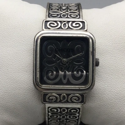 Reloj Chico's Mujer 25mm Plateado Tono Negro Desplazado Brazalete Abierto Batería Nueva Foto 1 de 4